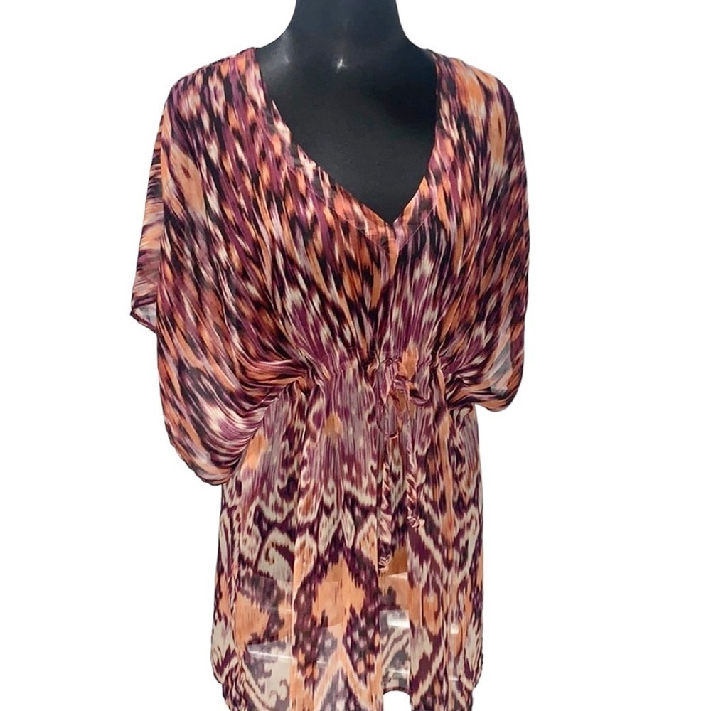 Cabi Sheer Tunic Top Flowy Over Sized Orange and Red Waist Sinch Size Small
